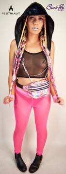 Womens Leggings For Raves, EDC, and Burning Man Festivals shown in Neon Pink see through mesh custom made by Suzi Fox.
Shown with black mesh crop tank top.
Shown with hood by Festinaut and offered by Suzi Fox