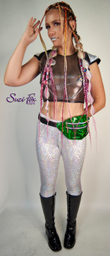 Womens Leggings for Raves, EDC, Burning Man Festivals shown in silver shattered glass spandex custom made by Suzi Fox.
Shown with Bare Shoulder shirt shown in black metallic mesh custom made by Suzi Fox.