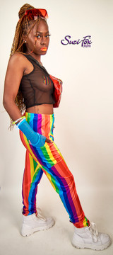 Womens Jogger pants shown in Rainbow stripe spandex custom made by Suzi Fox.