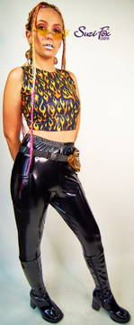 Womens Jogger pants For Raves, EDC, and Burning Man Festivals shown in black stretch vinyl/pvc coated spandex custom made by Suzi Fox. 
Shown with Open Shoulder shirt in Flames Mirror Metallic Custom made by Suzi Fox.