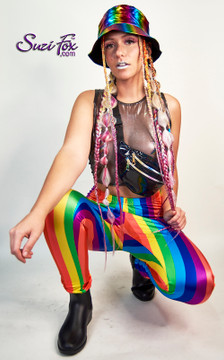 Womens Jogger pants For Raves, EDC, and Burning Man Festivals shown in Rainbow stripe spandex custom made by Suzi Fox.
Shown with see through black metallic mesh tank top custom made by Suzi Fox.