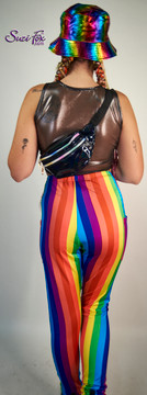 Womens Jogger pants shown in Rainbow stripe spandex custom made by Suzi Fox.
