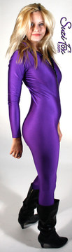 Custom Catsuit by Suzi Fox shown in Purple Milliskin Tricot Spandex. 
You can order this Catsuit in almost any fabric on this site. 
• Available in black, red, white, navy blue, royal blue, sky blue, turquoise, hunter green, green, neon green, neon pink, neon orange, athletic gold, lemon yellow, steel gray, purple. This is a light, thin, airy, 4-way stretch fabric with very little shine.
• Your choice of front or back zipper (front zipper shown).
• Optional 1 or 2-slider crotch zipper, and "Selene" from Underworld TS Brass zipper, or aluminum circular slider zipper like Catwoman comic characters.
• Optional wrist zippers
• Optional ankle zippers
• Optional finger loops
• Optional rear patch pockets
• Made in the U.S.A.