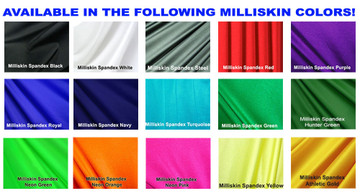Milliskin Tricot Spandex Fabric.
Available in black, white, red, royal blue, navy blue, sky blue, turquoise, purple, green, neon green, hunter green, fuchsia, baby pink, neon pink, neon orange, athletic gold, yellow, steel gray Miilliskin Tricot spandex. This is a 4-way extreme stretch fabric with a slight shine. Light, airy, thin, and very comfortable! Lighter colors might be slightly see through when wet.

Hand wash inside out in cold water, line dry. Iron inside out on low heat. Do not bleach.