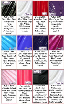 Fabric #2910 Red Stretch Gloss Vinyl/PVC coated Spandex Fabric
Available in • black, • white, • red, • royal blue, • navy blue, • turquoise, • purple,  • neon pink, • light pink • fuchsia Stretch Gloss Vinyl/PVC coated spandex.     
This is a 4-way stretch fabric with a high gloss shine. Great alternative to Latex!