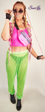 Tank Top shown in Neon Pink milliskin tricot spandex custom made by Suzi Fox.
Shown with Neon Green see through mesh joggers by Suzi Fox.
