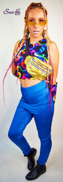 Womens Jogger pants For Raves, EDC, and Burning Man Festivals shown in Royal Blue Milliskin Tricot Spandex custom made by Suzi Fox.
Shown with womens bare shoulder shirt in abstract smoke print spandex.
Shown with arm guards/fingerless gloves in abstract smoke print spandex.