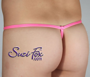 Men's Contoured Pouch G-String thong - shown in Gloss Neon Pink Vinyl/PVC Spandex, custom made by Suzi Fox.