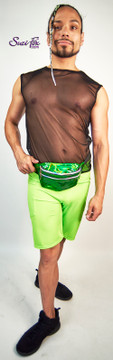 Mens Baggy Shorts For Raves, EDC, and Burning Man Festivals shown in Neon Green Milliskin spandex custom made by Suzi Fox. 