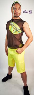 Mens Baggy Shorts shown in Neon Orange Milliskin Tricot Spandex custom made by Suzi Fox