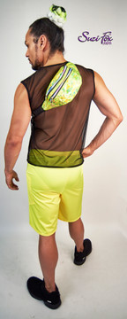 Mens Baggy Shorts shown in Neon Orange Milliskin Tricot Spandex custom made by Suzi Fox