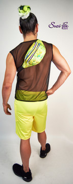 Mens Baggy Shorts shown in Neon Orange Milliskin Tricot Spandex custom made by Suzi Fox
