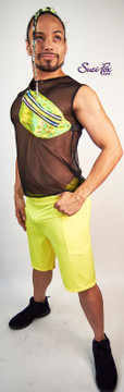Mens Baggy Shorts shown in Neon Orange Milliskin Tricot Spandex custom made by Suzi Fox