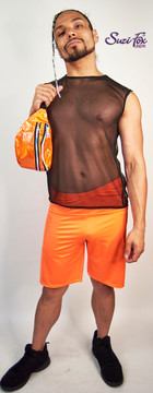 Mens Baggy Shorts shown in Neon Orange Milliskin Tricot Spandex custom made by Suzi Fox