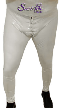 Mens Hiphugger Leggings with OPTIONAL Grommet Lacing, shown in Gloss White Vinyl/PVC Spandex, custom made by Suzi Fox.
• Choose any fabric on this site, including vinyl/PVC, metallic foil, metallic mystique, wetlook lycra Spandex, Milliskin Tricot Spandex. The vinyl/PVC is a latex alternative, great for people allergic to latex!
• Custom sizing available.
• Plus size available.
• 1 inch elastic at the waist.
• Optional rear patch pockets.
• Optional belt loops.
• Optional ankle zippers.
• Optional Faux zipper pockets.
• Worldwide shipping.
• Made in the U.S.A.