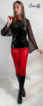 Womens Bell Sleeve, rounded neck shirt shown in gloss vinyl/pvc black with see through mesh sleeves by Suzi Fox.