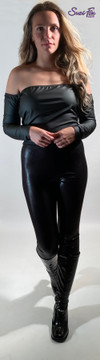 Off shoulder shirt shown in Black Metallic Foil coated spandex by Suzi Fox like Mazikeen in Lucifer series.
Shown with Matte black vinyl leggings by Suzi Fox.