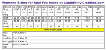 Womens standard sizing chart.
