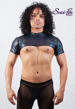 Mens Open Chest Quarter Shirt Shown in Black Iridescent Shattered Glass Spandex by Suzi Fox