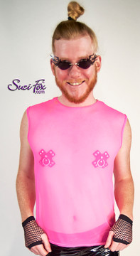 Mens Muscle T-Shirt for Raves, EDC, Burning Man Festivals shown in see through Neon Pink mesh custom made by Suzi Fox.