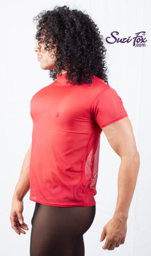 Mens T-Shirt shown in red see through mesh, custom made by Suzi Fox