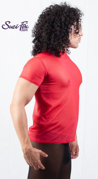 Mens T-Shirt shown in red see through mesh, custom made by Suzi Fox