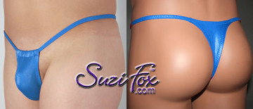 Men's Adjustable Pouch T-Back Thong shown in baby blue Milliskin, custom made by Suzi Fox M1R5TB-1927
