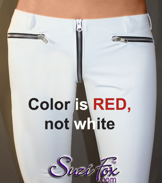 Men's Size XXL 5 zipper Leggings shown with 2-slider crotch zipper, shown in RED Gloss vinyl/PVC, custom made by Suzi Fox. CLEARANCE