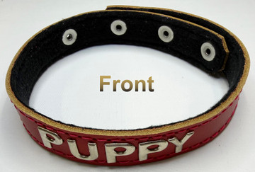 Puppy collar, 100% fleece lined leather, adjustable.
Choose your own words!
Available in the following colors:
• Black
• Red
• White
• Dark Gray
• Green
• Orange
• Purple
• Turquoise
• Yellow