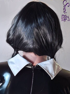 Back Collar and Zipper closeup for Wednesday Addams inspired Dress shown in Gloss Black Vinyl/PVC, custom made by Suzi Fox.