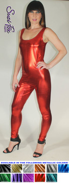 Custom Tank Style Catsuit by Suzi Fox shown in Red Metallic Foil coated spandex. 
You can order this Catsuit in almost any fabric on this site. 
• Available in gold, silver, copper, royal blue, purple, turquoise, red, green, fuchsia, gunmetal, black faux leather/rubber look. This is a stretch metallic foil, 4-way stretch fabric with a brilliant shine.
• Optional ankle zippers.
• Made in the U.S.A.