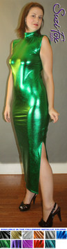 Turtleneck Maxi Dress in Green Metallic Foil coated Spandex, custom made by Suzi Fox.
Zipper in the back. Choose any fabric on this site!
Available in gold, silver, copper, gunmetal, turquoise, Royal blue, red, green, purple, fuchsia, black faux leather/rubber.
• Optional bust cutout.
• Optional long sleeves.
• Optional wrist zippers.
Made in the U.S.A.