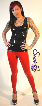 Womens Leggings shown in Red Gloss vinyl/PVC, custom made by Suzi Fox. 
Hiphugger rise shown. You can order this in almost any fabric on this site. 
• Custom made to your measurements!
• Available in black, red, white, light pink, neon pink, fuchsia, purple, royal blue, navy blue, turquoise, black matte (no shine), white matte (no shine) stretch vinyl coated spandex.
• 1 inch elastic at the waist.
• Optional 1 or 2-slider crotch zipper.
• Optional ankle zippers
• Optional rear patch pockets
• Optional belt loops
• Made in the U.S.A.