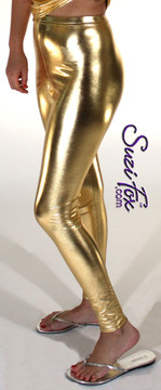 Womens Leggings shown in Gold Metallic Foil Spandex, custom made by Suzi Fox.
Waist High rise shown.
You can order this in almost any fabric on this site. 
• Custom made to your measurements!
• Available in gold, silver, copper, royal blue, purple, turquoise, red, green, fuchsia, gun metal, black faux leather/rubber coated spandex. This is a 4-way stretch fabric with a brilliant shine.
• 1 inch elastic at the waist.
• Optional 1 or 2-slider crotch zipper.
• Optional ankle zippers
• Optional rear patch pockets
• Optional belt loops
• Made in the U.S.A.