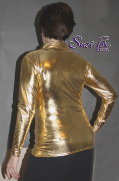 Womens Crop Jacket shown in Gold Metallic Foil coated, custom made by Suzi Fox.
Custom made to your measurements! Choose any fabric on this site!
Available in gold, silver, copper, gunmetal, turquoise, Royal blue, red, green, purple, fuchsia, black faux leather/rubber.
• Choose the zipper.
• Optional wrist zippers.
Made in the U.S.A.