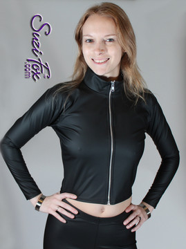 Womens Crop Jacket in Black Matte (no shine) Vinyl/PVC Spandex, custom made by Suzi Fox.
Custom made to your measurements!
• Choose any fabric on this site.
• Available in black, white, red, navy blue, royal blue, turquoise, purple, fuchsia, neon pink, light pink, matte black (no shine), matte white (no shine) stretch vinyl/PVC coated nylon spandex.
• Your choice of zippers.
• Optional wrist zippers.
Made in the U.S.A.