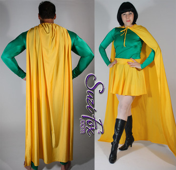 Superhero Cape shown in Athletic Gold Shiny Milliskin Tricot Nylon Spandex, custom made by Suzi Fox.
You can order this in almost any fabric on this site.
• Available in black, white, red, royal blue, sky blue, turquoise, purple, green, neon green, hunter green, neon pink, neon orange, athletic gold, lemon yellow, steel gray Miilliskin Tricot spandex. This is a 4-way extreme stretch fabric with a slight shine. Light, airy, thin, and very comfortable!
• String tie around the neck.
• Made in the U.S.A.
