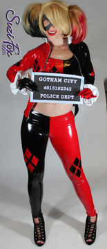 Harley Quinn Leggings shown in Black & Red Gloss vinyl/PVC, custom made by Suzi Fox. 
You can order this in almost any fabric on this site. 
• Shown with optional jacket, tank top, and gloves.
• Custom made to your measurements!
• Available in black, red, white, light pink, neon pink, fuchsia, purple, royal blue, navy blue, turquoise, black matte (no shine), white matte (no shine) stretch vinyl coated spandex.
• 4 diamonds on each leg
• 1 inch elastic at the waist.
• Optional 1 or 2-slider crotch zipper.
• Optional ankle zippers
• Optional rear patch pockets
• Optional belt loops
• Made in the U.S.A.