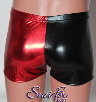 Harley Quinn Shorts shown in Black & Red Metallic Foil, custom made by Suzi Fox. 
You can order this in almost any fabric on this site. 
• Custom made to your measurements!
• Available in Available in gold, silver, copper, gunmetal, turquoise, Royal blue, red, green, purple, fuchsia, black faux leather/rubber Metallic Foil.
• 4 diamonds on red leg.
• 1 inch elastic at the waist.
• Optional 1 or 2-slider crotch zipper.
• Optional rear patch pockets
• Optional belt loops
• Made in the U.S.A.