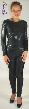 Custom Boat Neck Catsuit by Suzi Fox shown in Black Metallic Mystique, great for cosplay and costumes as Eartha Kitt and Julie Newmar as Catwoman!  
Free custom sizing!
This fabric is tiny metallic foil dots bonded to 4-way stretch Spandex.
You can order this Catsuit in almost any fabric on this site. 
• Available in black, red, turquoise, green, purple, royal blue, hot pink/fuchsia, silver, copper, gold.
• Optional wrist zippers
• Optional ankle zippers
• Optional finger loops
• Made in the U.S.A.