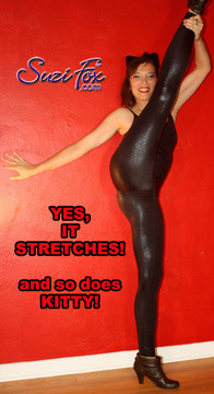Yes, it stretches!
Womens Camisole Catsuit shown in glittering Black Metallic Mystique spandex, custom made by Suzi Fox.
Custom made to your measurements!
• Spaghetti straps.
• Available in black, red, turquoise, green, purple, royal blue, hot pink/fuchsia, silver, copper, gold Metallic Mystique spandex, and any fabric on this site.
• Optional ankle zippers.
• Made in the U.S.A.