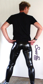 Mens Hiphugger Leggings shown in Gloss Black Vinyl/PVC Spandex, custom made by Suzi Fox.
Custom made to your measurements!
• Available in black, white, red, navy blue, royal blue, turquoise, purple, Neon Pink, fuchsia, light pink, matte black (no shine), matte white (no shine), black 3D Prism, red 3D Prism, Turquoise 3D Prism, Baby Blue 3D Prism, Hot Pink 3D Prism Vinyl and any fabric on this site.
• 1 inch no-roll elastic at the waist.
• Optional 1 or 2-slider crotch zipper.
• Choose your ankle size - tight ankles, jean cut, boot cut, or bellbottom.
• Optional ankle zippers.
• Optional belt loops.
• Optional rear patch pockets.
Made in the U.S.A.