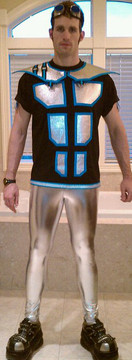 Customer Photo! Thanks to Kyle of the band Oscillator X. Shown with tight ankles. The upbeat vocal dance/pop music of Oscillator X draws from a variety of progressive electronic styles to create a unique new sound that is listenable as well as danceable. John Mendenhall and Kyle Ward pump it up in their Suzi Fox silver pants.