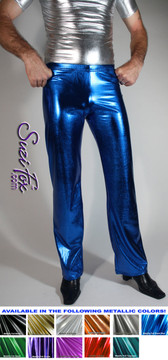 Mens Hiphugger Boot Cut Pants shown in Royal Blue Metallic Foil coated Spandex, custom made by Suzi Fox.
Custom made to your measurements!
• Plus size available.
• Available in gold, silver, copper, gunmetal, turquoise, Royal blue, red, green, purple, fuchsia, black faux leather/rubber Metallic Foil and any fabric on this site.
• 1 inch no-roll elastic at the waist.
• Optional 1 or 2-slider crotch zipper.
• Choose your ankle size - tight ankles, jean cut, boot cut, or bellbottom.
• Optional ankle zippers.
• Optional belt loops.
• Optional rear patch pockets.
Made in the U.S.A.