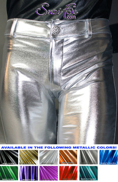 Mens Jean style Pants shown in Silver Metallic Foil coated Spandex, custom made by Suzi Fox. Shown with optional pockets and belt loops.
Custom made to your measurements!
• Available in gold, silver, copper, gunmetal, turquoise, Royal blue, red, green, purple, fuchsia, black faux leather/rubber Metallic Foil and any fabric on this site.
• Fly front zipper and waistband.
• Choose your ankle size - tight ankles, jean cut, boot cut, or bellbottom.
• Optional ankle zippers.
• Optional belt loops.
• Optional rear patch pockets.
Made in the U.S.A.