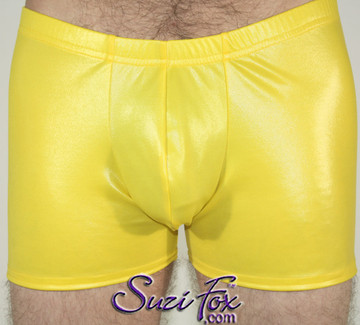 Pouch Front shorts or underwear shown in Yellow Milliskin Tricot Spandex, custom made by Suzi Fox.
Custom made to your measurements! Choose your pouch size.
• Wear them as shorts, swimwear, or underwear.
• 1 inch no-roll elastic at the waist.
• Optional belt loops.
• Optional rear patch pockets.
• Your choice of inseam. 2 inch inseam shown.
Made in the U.S.A.
