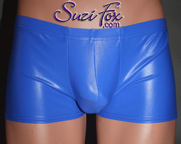 Pouch Front shorts or underwear shown in Royal Blue Milliskin Tricot Spandex, custom made by Suzi Fox.
Custom made to your measurements! Choose your pouch size.
• Wear them as shorts, swimwear, or underwear.
• Available in black, white, red, royal blue, navy blue, sky blue, turquoise, purple, green, neon green, hunter green, fuchsia, baby pink, neon pink, neon orange, athletic gold, yellow, steel gray Miilliskin Tricot spandex and any fabric on this site.
• 1 inch no-roll elastic at the waist.
• Optional belt loops.
• Optional rear patch pockets.
• Your choice of inseam. 2 inch inseam shown.
Made in the U.S.A.