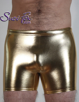 Mens Smooth Front shorts shown in Gold Metallic Foil coated Spandex, custom made by Suzi Fox.
Custom made to your measurements!
• Available in gold, silver, copper, gunmetal, turquoise, Royal blue, red, green, purple, fuchsia, black faux leather/rubber Metallic Foil and any fabric on this site.
• 1 inch no-roll elastic at the waist.
• Optional belt loops.
• Optional rear patch pockets.
• Your choice of inseam and rise. 4 inch inseam is standard.
• Made in the U.S.A.