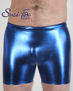 Mens Smooth Front shorts shown in Royal Blue Metallic Foil coated Spandex, custom made by Suzi Fox.
Custom made to your measurements!
• Available in gold, silver, copper, gunmetal, turquoise, Royal blue, red, green, purple, fuchsia, black faux leather/rubber Metallic Foil and any fabric on this site.
• 1 inch no-roll elastic at the waist.
• Optional belt loops.
• Optional rear patch pockets.
• Your choice of inseam and rise. 4 inch inseam is standard.
• Made in the U.S.A.