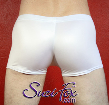 Mens Smooth Front shorts shown in White Wetlook Lycra Spandex, custom made by Suzi Fox.
Custom made to your measurements!
• Available in black, white, red, turquoise, navy blue, royal blue, hot pink, lime green, green, yellow, steel gray, neon orange Wet Look and any fabric on this site. White Wetlook could be slightly see through when wet.
• 1 inch no-roll elastic at the waist.
• Optional belt loops.
• Optional rear patch pockets.
• Your choice of inseam and rise. 4 inch inseam is standard.
• Made in the U.S.A.